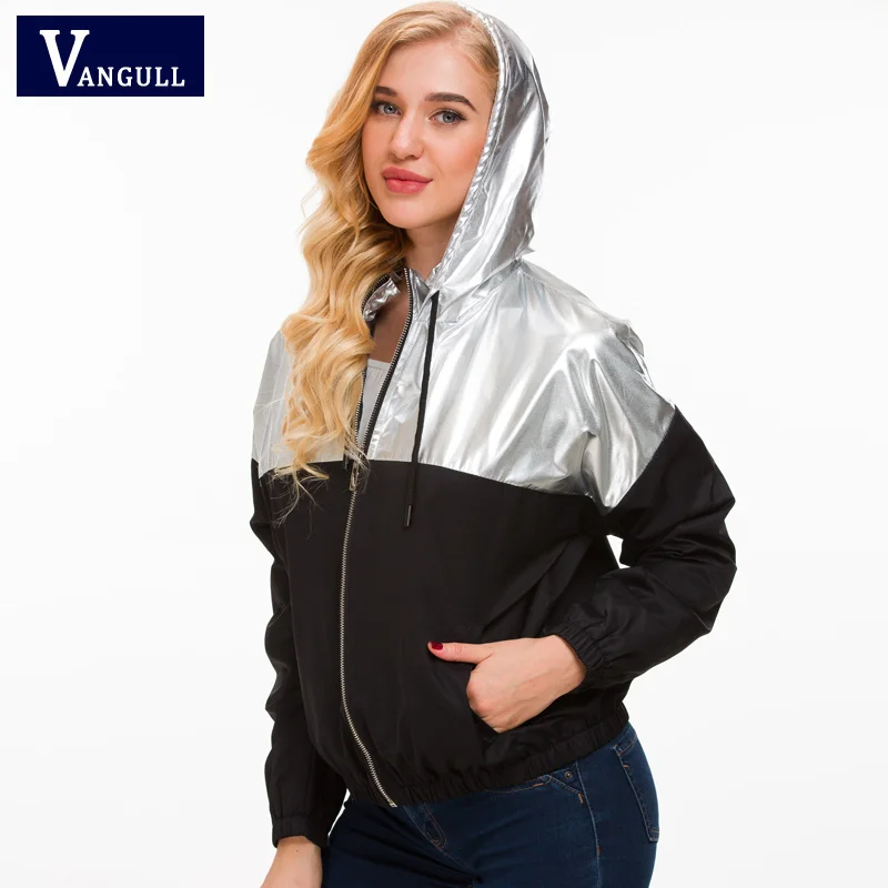 discounted  Vangull Patchwork Hooded Women Coat Casual Silver Black spliced Women Jacket Spring Autumn New Long