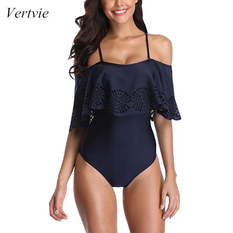 

Vertvie 2019 Women One-Piece Set Swimsuit Strap Solid Ruffle Push Up Sexy Bikini Ladies Back Hollow Beachwear Plus Size 5XL
