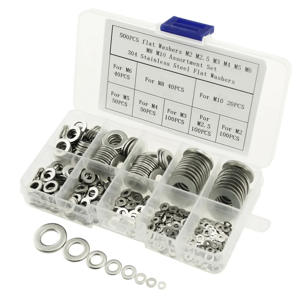 500PCS Stainless Steel Flat Washers Assortment Kit For M2 M2.5 M3 M4 M5 M6 M8 M10 screws boltin