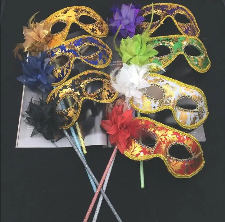 

Venetian masquerade feather flower mask on stick Mardi Gras Costume printing Halloween Carnival Hand Held Stick party maskSN1683