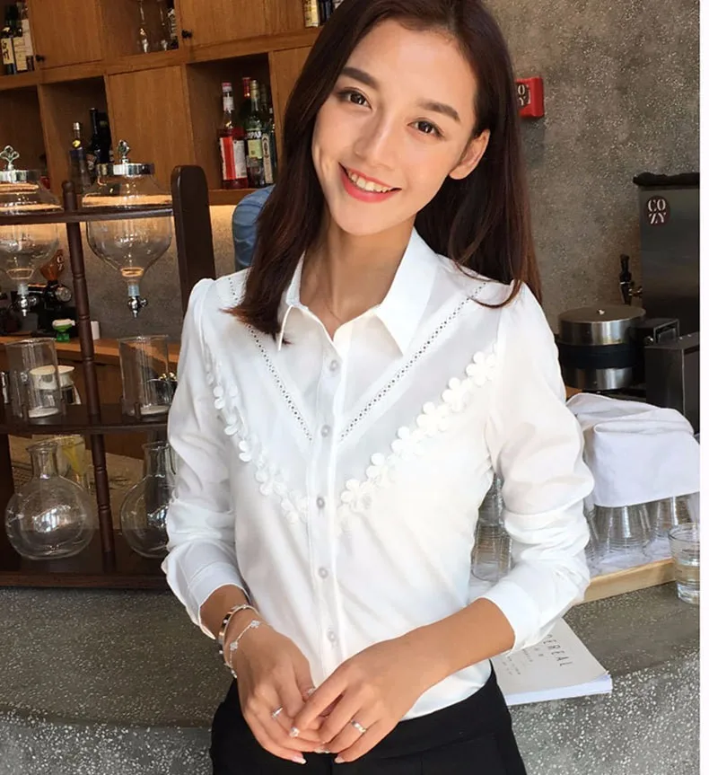 Большие размеры, L-4XL, женские белые блузки,, цветочный лоскутный дизайн, новая Корейская шифоновая одежда, элегантные женские модные рубашки