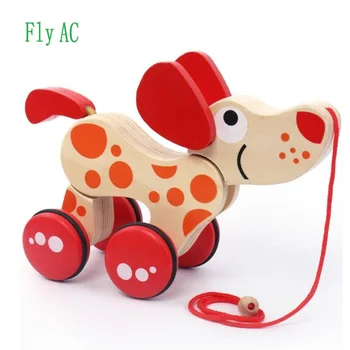 

Fly AC wooden Dragging Car Red puppy toys for Kids Baby Early Educational Animal Toys Vehicles