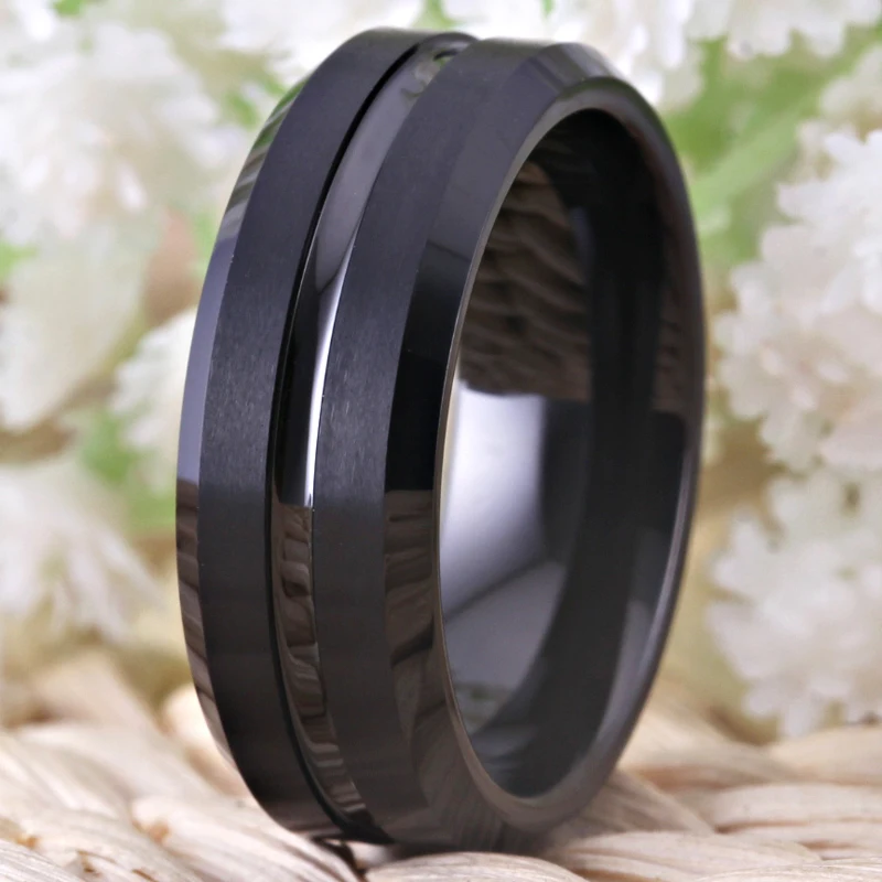 YGK Wedding Jewelry New Tungsten Rings for Men's Bridegroom Wedding Engagement Anniversary Ring Matte Black Bevel With Groove