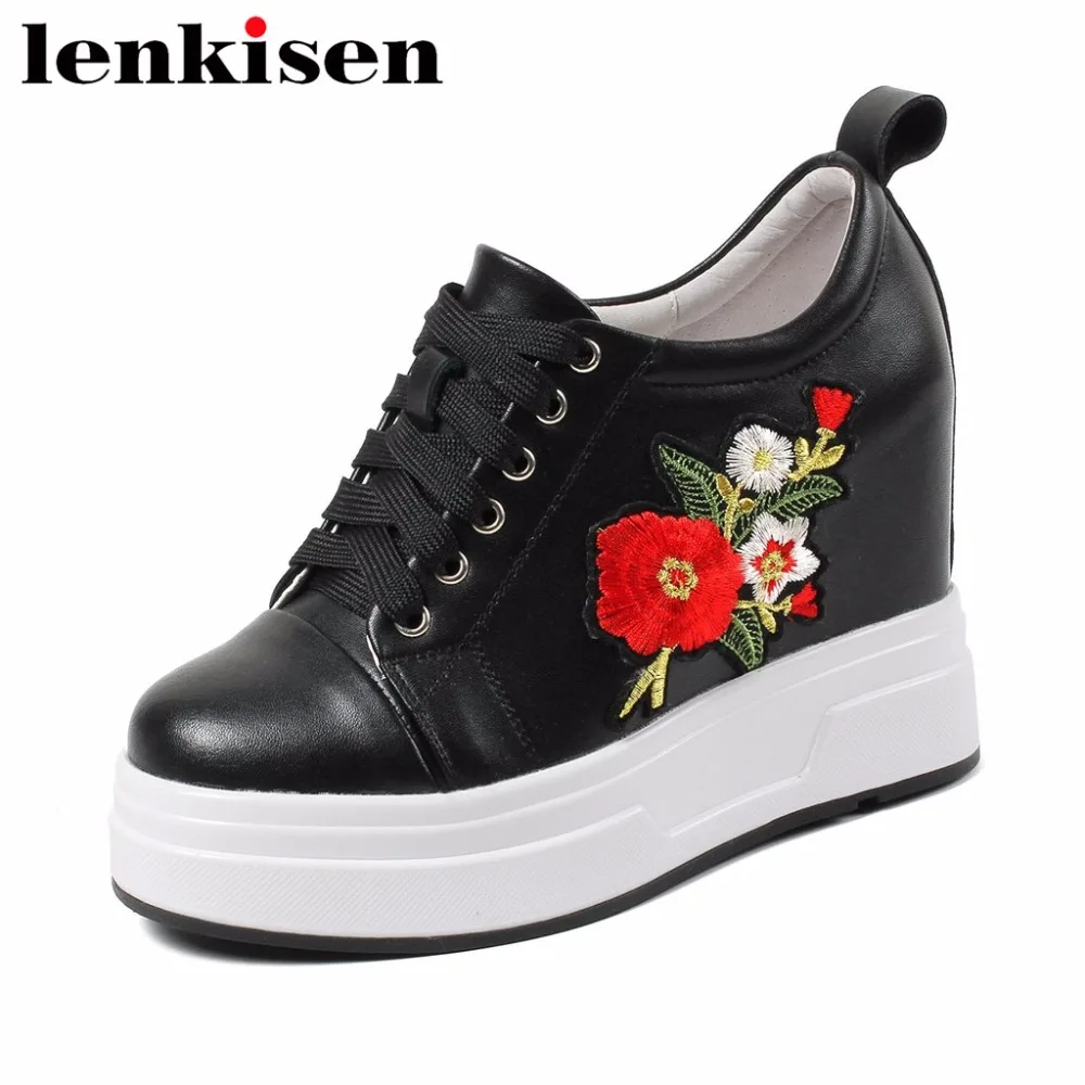 

Lenkisen natural leather round toe lace up beauty embroidery sneaker shoes thick bottom waterproof women vulcanized shoes L10