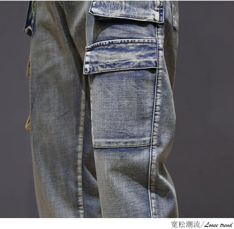 Японский стиль, Винтажный дизайн, мужские джинсы, цвет, модные, свободные, с большим карманом, брюки-карго, хип-хоп, мужские джинсы для бега