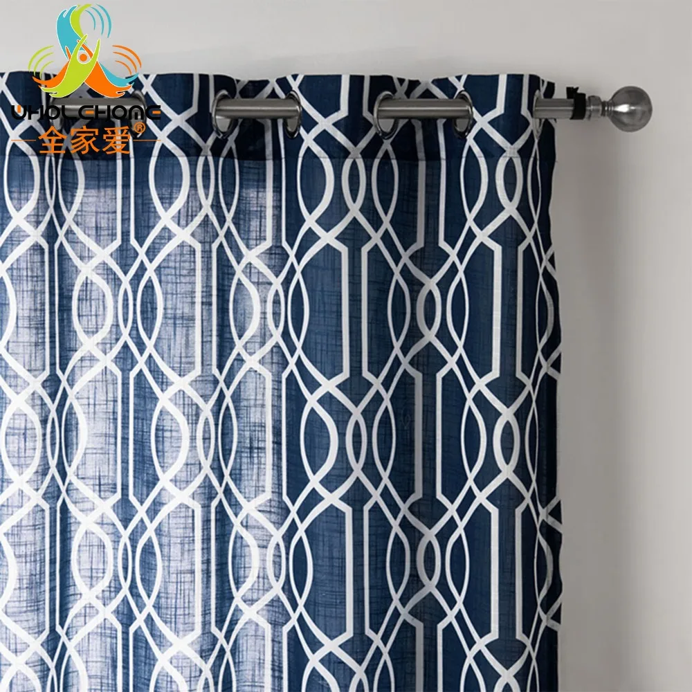 Geometric Design Dark Blue Curtains Tulle Hole Type Curtain Sheers