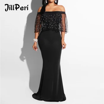 

JillPeri Women Sexy Off the Shoulder Mermaid Dress Black Slash Neck Stretch Sheath 4XL Plus Size Long Maxi Party Dress Vestidos
