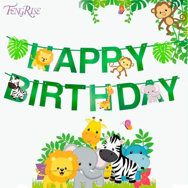 Fengrise 1 Set Happy Birthday Banner Cartoon Animal Paper Banner