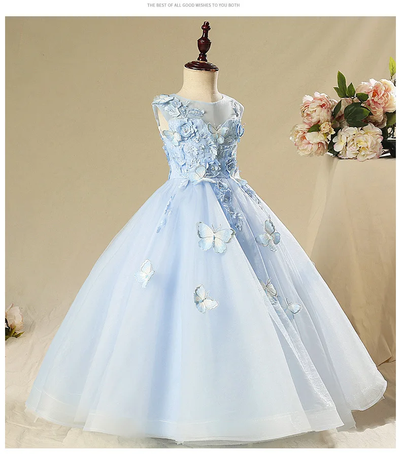 Элегантное детское свадебное платье с аппликацией бабочки; платье с цветочным узором для девочек; Длинные Пышные вечерние бальные платья для девочек; платье на выпускной; принцесса вечернее платье