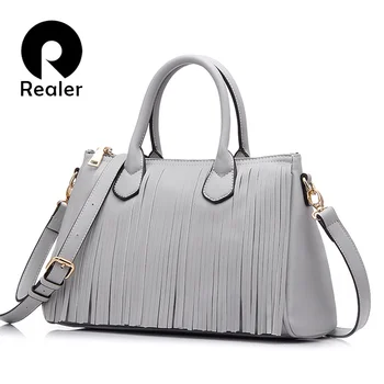 

REALER 2020 new brand design women tote with tassel black/gray/white women handbag high quality bag pu leather