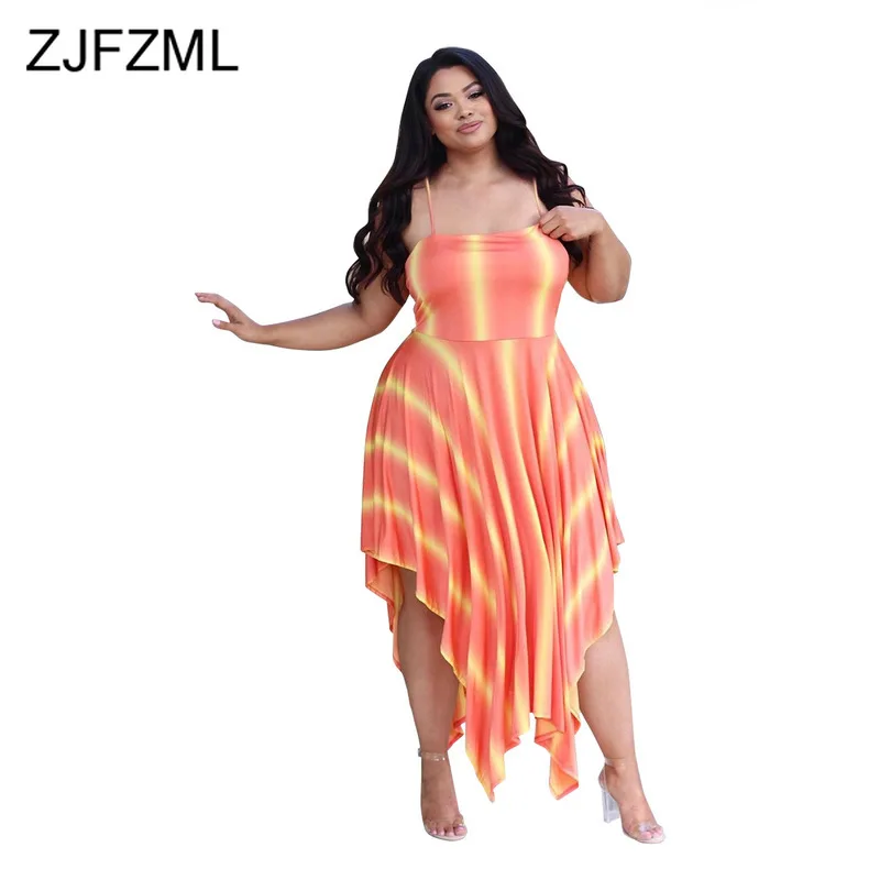 

Orange Yellow Striped Plus Size Dress Women Spaghetti Strap Sleeveless Irregular Dress Summer Strapless Open Back Beach Vestidos