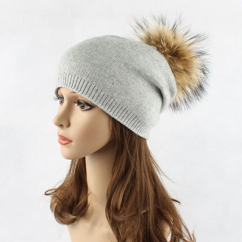 Зимний женский настоящий шарик из меха енота бини с помпоном шапки высокого качества кашемировый берет модные шапки S7155 - Цвет: Light Grey