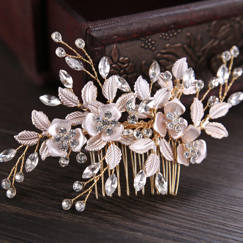 Fashion Crystal Rose Gold Hair Comb Hairpins Handmade Flower Bridal Hair Jewelry 