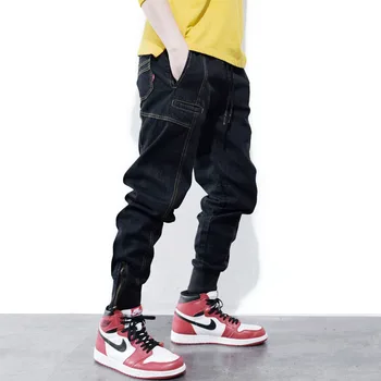 

Japanese Style Fashion Men Jeans Vintage Black Color Ankle Zipper Design Cargo Pants Men Streetwear Hip Hop Jogger Jeans Homme