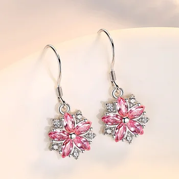 

Elegant Pink Flower Cubic Zirconia Dangle Drop Earrings for Women Korean Style White Gold Plated Crystal Earring Fashion Jewelry