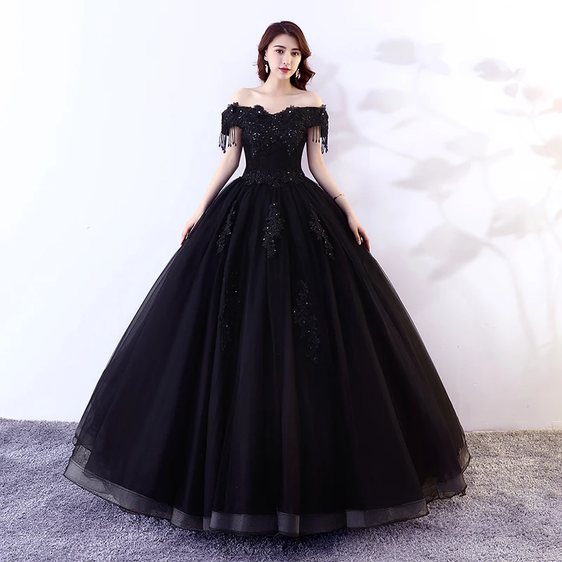 Шикарное блестящее пикантное черное платье Quinceanera элегантное бальное с вырезом