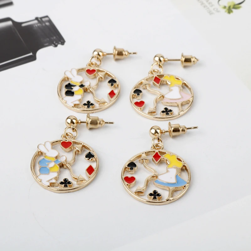 

dongsheng Romantic Fantasy Alice In Wonderland Earrings Rabbit Poker Enamel Asymmetry Drop Earrings for Women Girl Party Jewelry