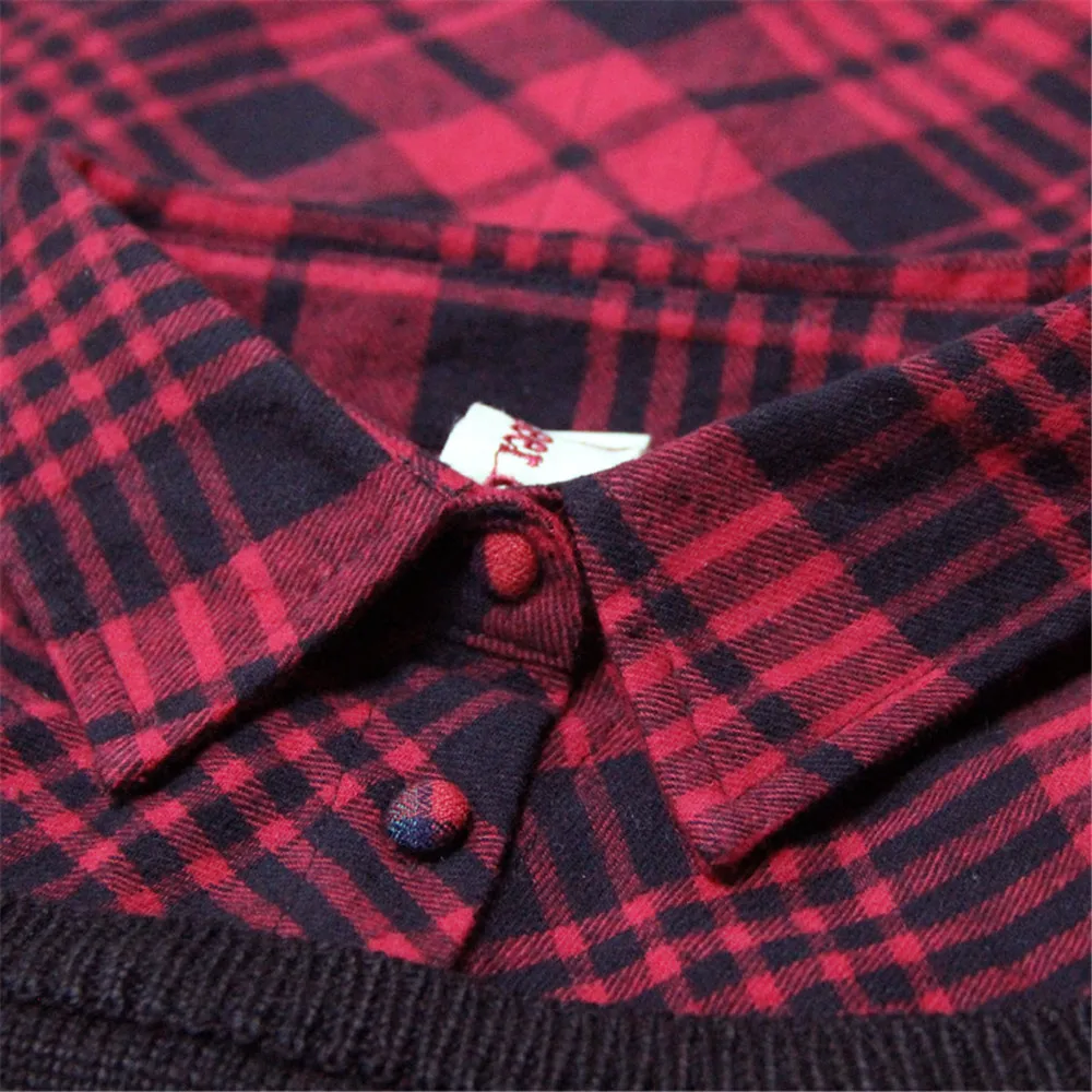 Vintage Patchwork Fake 2 Piece Women Blouse Knitted Plaid Long Sleeve Turn-down Collar Shirt Blouse For women Winter Top  (a4)