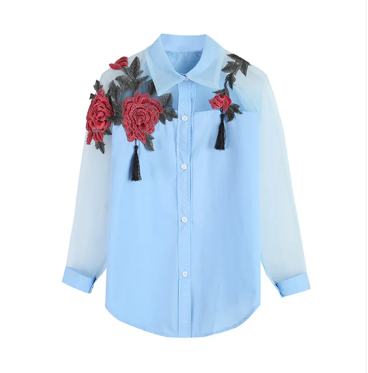 Женская Весенняя Осенняя Повседневная блуза с длинным рукавом, вышитая цветочной кисточкой, рубашка с прозрачной сетчатой панелью, женская блуза - Цвет: 3
