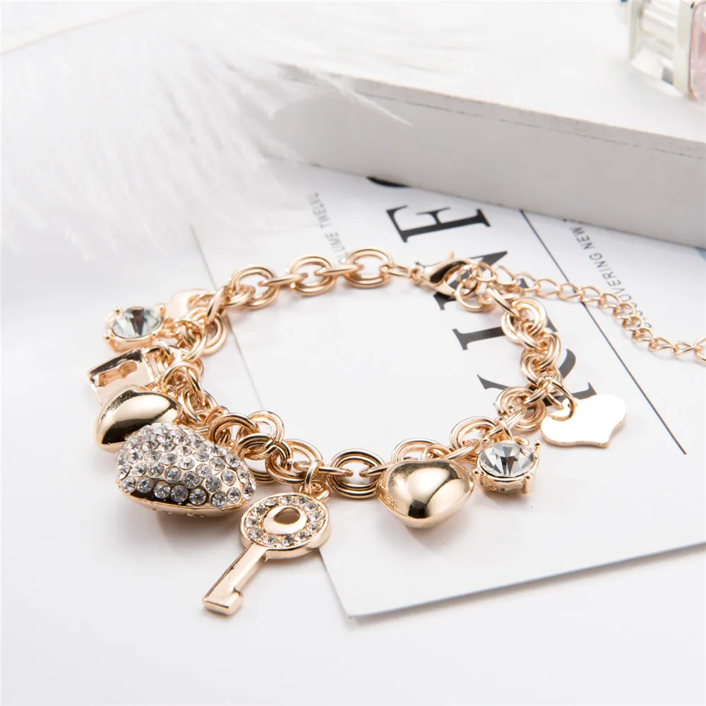 Золотой браслет с подвеской в виде сердца для женщин, браслет с австрийскими кристаллами, винтажное ювелирное изделие B167