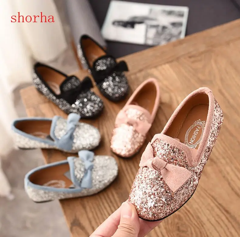 

shorha Girls Shoes With Bow Knot Flats Slip on Bling Loafers Glitter leather Children Kids Shoes Princess Shoes 3-11 years Old
