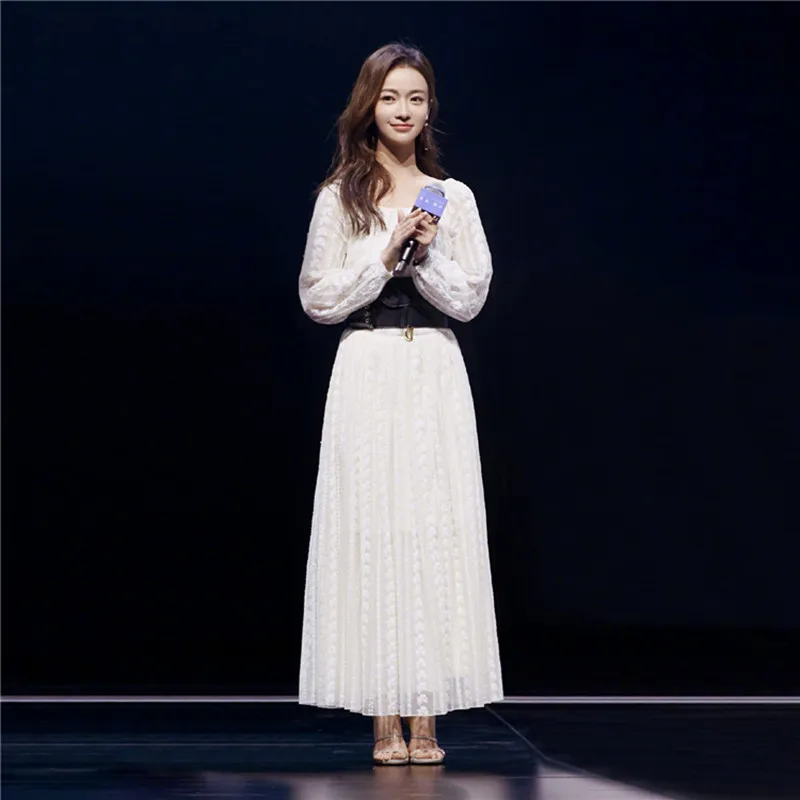 

2019 Autumn Women White Lace Dress Fashion Runway Fit and Flare Mesh Long Dress Sashes Long Sleeve Party Dress