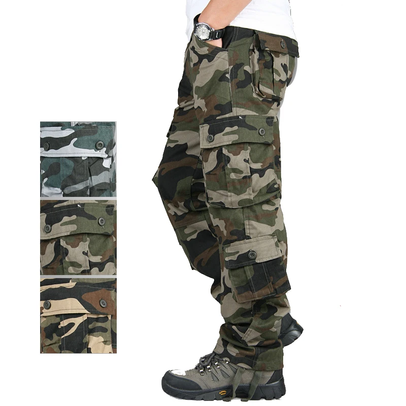 Online Hohe Qualität männer Cargo Hosen Camouflage Lose Fit Männer Hosen Military Multi Taschen Große Größe Armee Gerade Hosen Männlichen p103