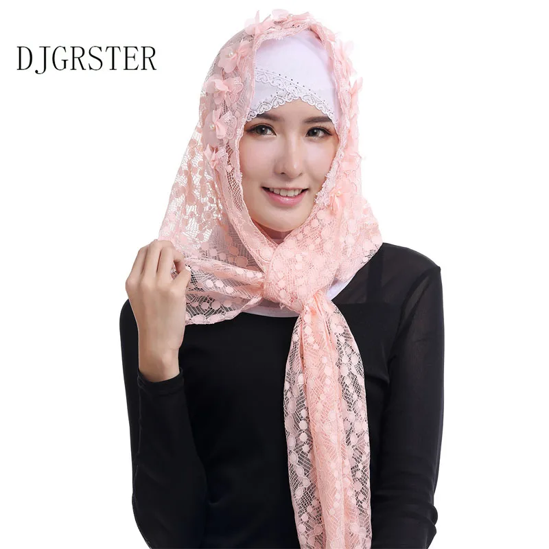 

DJGRSTER women maxi hijabs shawls oversize islamic head wraps soft long muslim lace flower cotton plain hijab scarf Underscarf