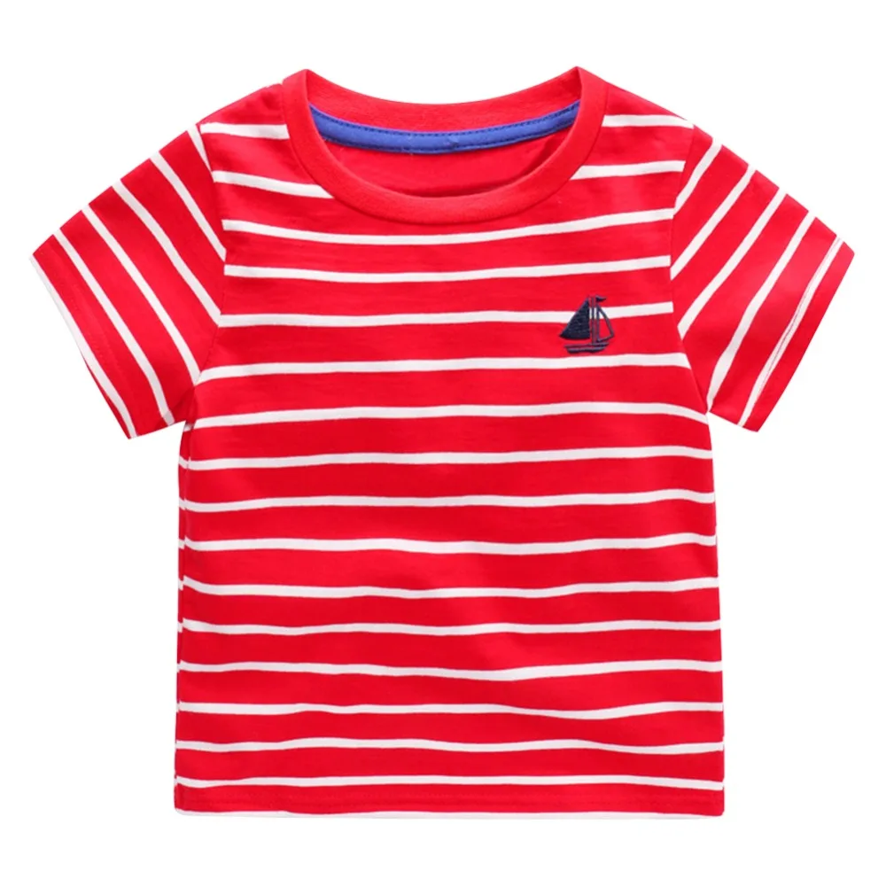 

Mudkingdom Boy T-shirt 100% Cotton Round Collar Summer Leisure Sports Sailboat Pattern Stripe Pattern Regular Short Sleeve