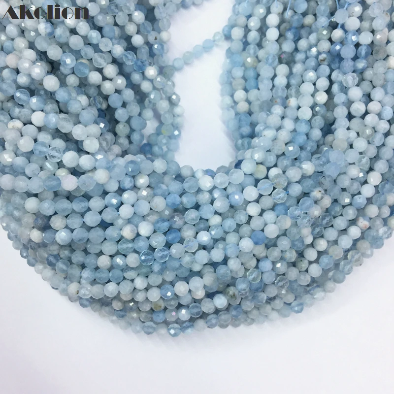 

Akolion Natural Aquamarines Micro Faceted Beads Small Blue Round Loose Tiny Beads For Jewelry Making Supplies