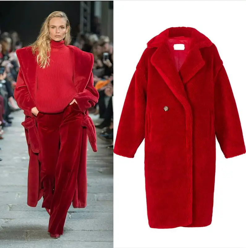 Harppihop* Новое поступление пальто из натурального овечьего меха длинное стильное шерстяное пальто верблюжье плюшевое пальто более размера зимнее женское пальто - Цвет: red