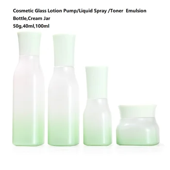 

New 50g Gradient White Green Glass Cream Jar Cosmetic Emulsion Toner Container 40ml 100ml Lotion Pump Bottle Liquid Spray Bottle