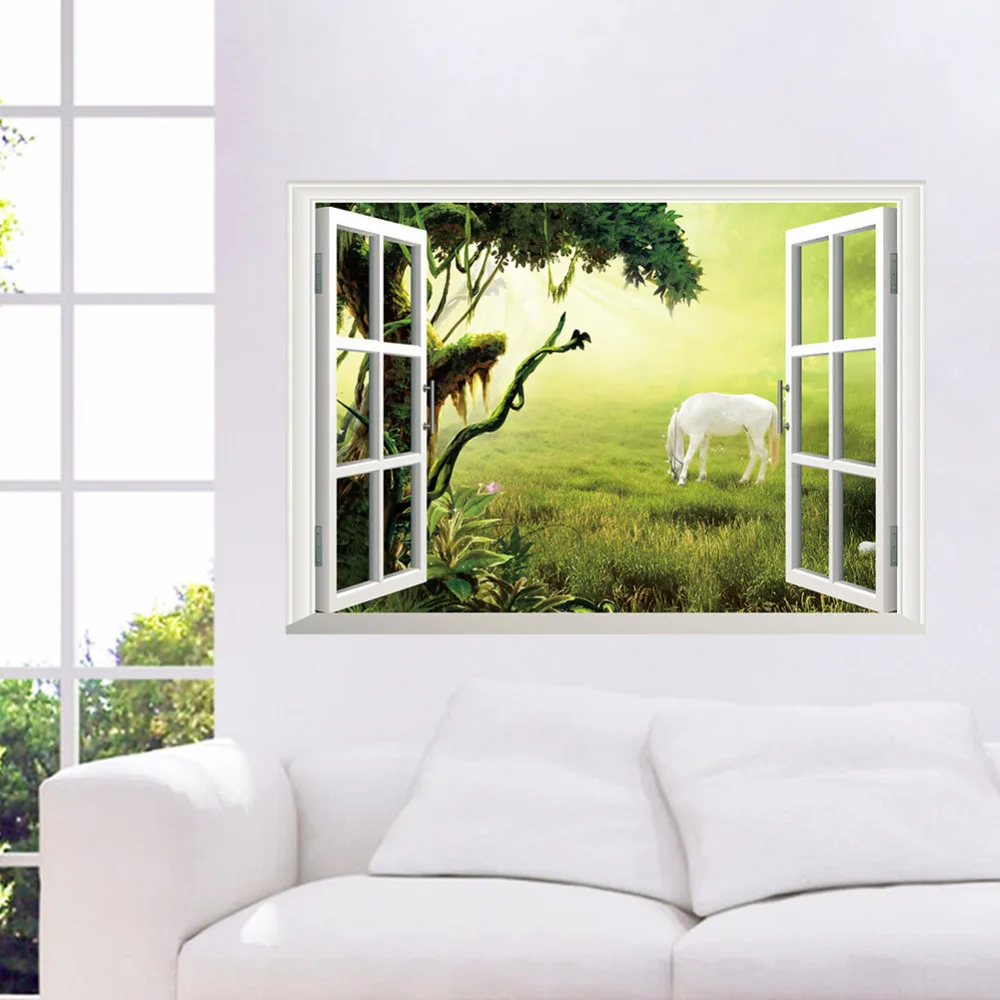 

3D Window View Scenery Wall Sticker Living room Decals Removable Home Decor Prairie horse wallpaper