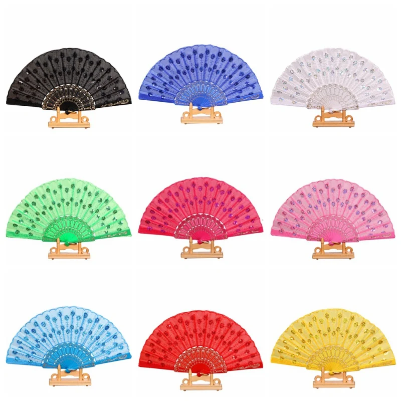 

1 Pcs Foldable Shining Sequins Hand Fan Fabric Decor 10 Colors