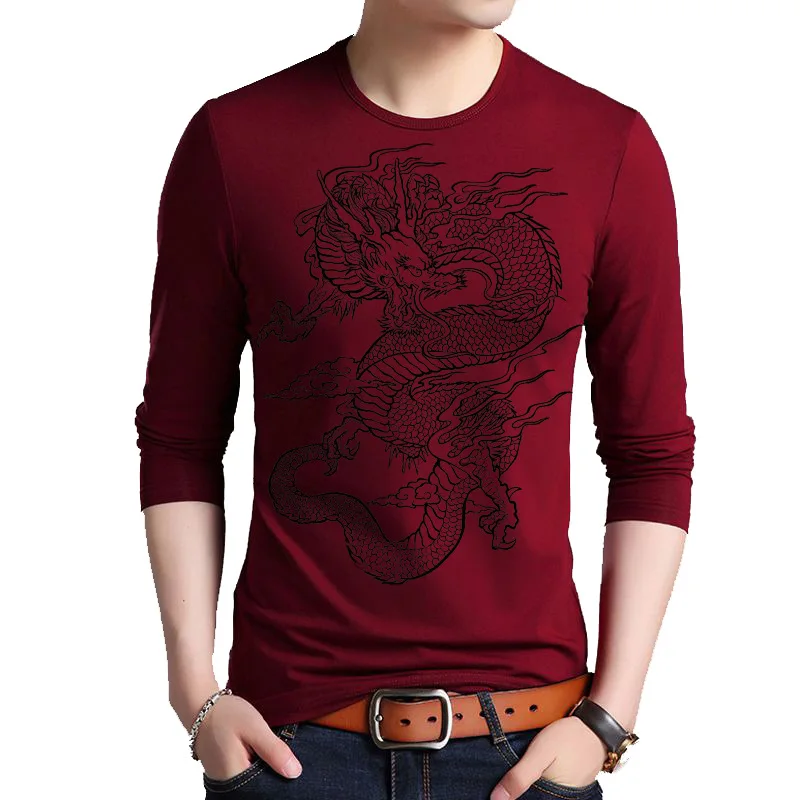 Мужская футболка с принтом дракона, весна, брендовые новые футболки с длинным рукавом, мужские футболки из хлопка, футболки в китайском стиле размера плюс 5XL