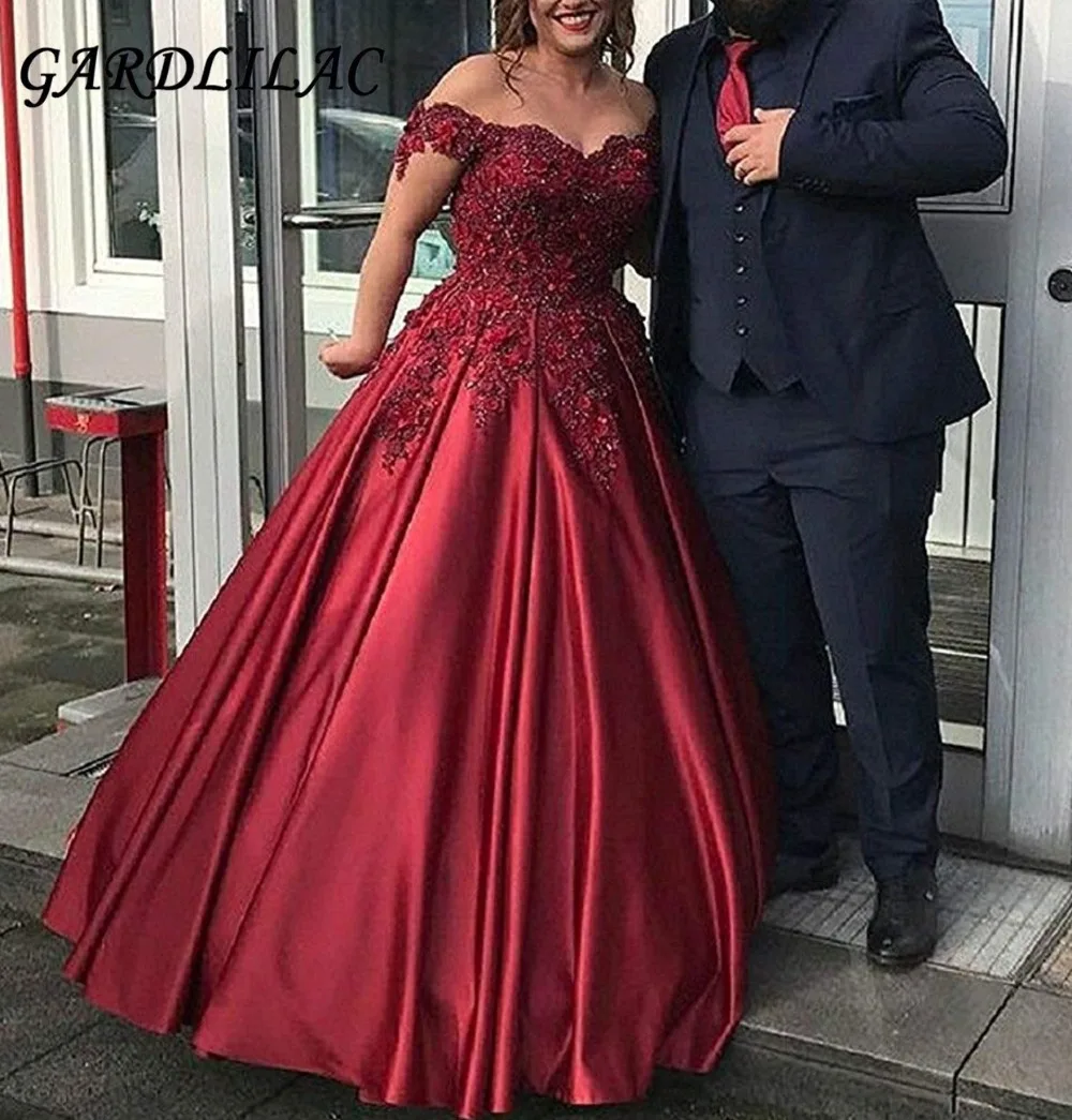 

Burgundy V-Neck Long Prom Dresses 2019 A-line Satin Appliques Evening Party Dress Sweet 16 Dresses Wedding Party dresses G063