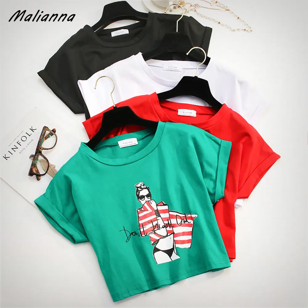 Cotton Loose Crop Tops Kawaii Harajuku Women Print Short T Shirt Korean Style 2017 Summer New