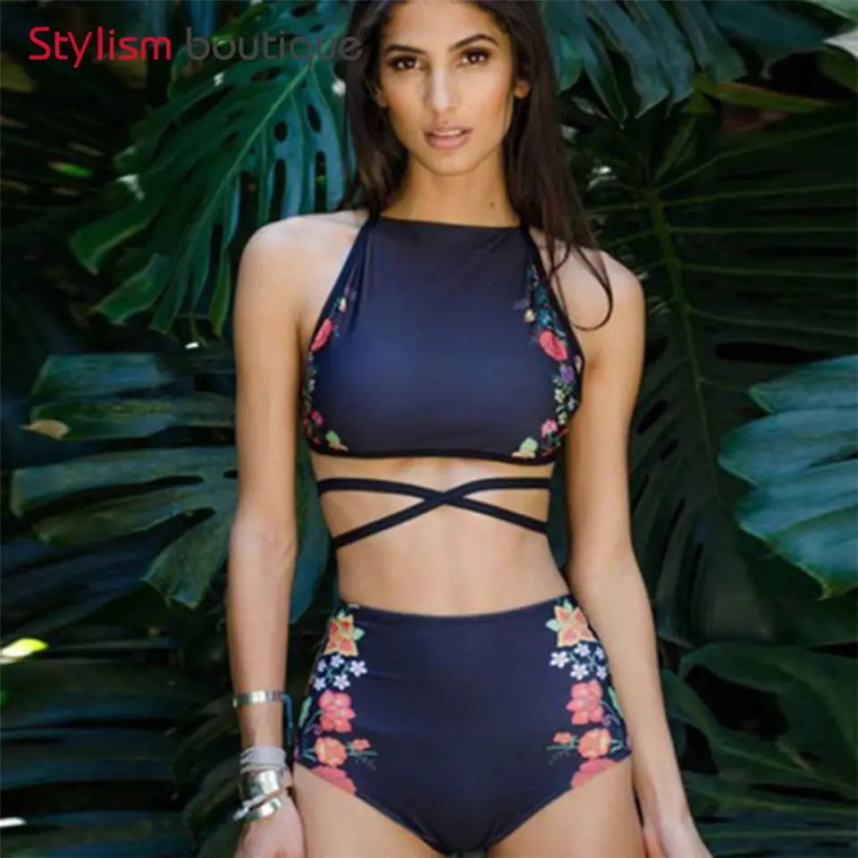

Floral Ethnic Printed High Waist Swimsuit Strappy Swimwear Sexy Women High Neck Bikinis Set Halter Bandage Bathing Suit 2018