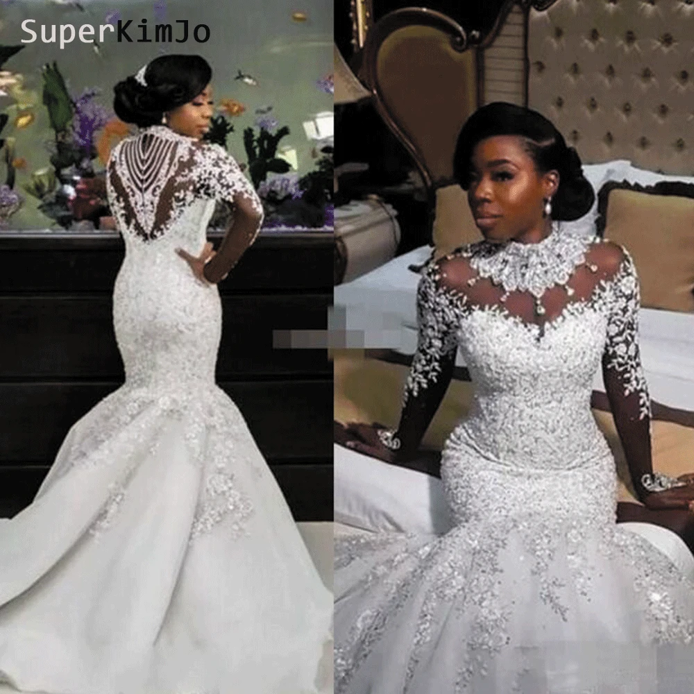 

SuperKimJo Vestido De Noiva 2020 High Neck Crystal Mermaid Wedding Dresses Lace Applique Beaded Luxury Elegant Wedding Gown