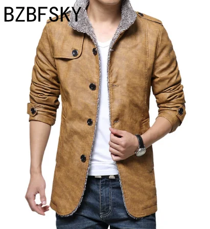 Dark Yellow NEW Winter Warm Faux Leather Jacket Men Solid Long Sleeve PU Leather Coat Stand Collar Thick Slim Fit Men Jacket Trench Coats - Цвет: Dark Yellow