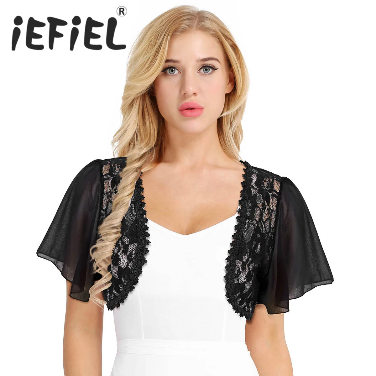 

Female Womens Fashion Short Bell Sleeve Floral Lace Sheer Open Front Chiffon Shrug Cardigan Top for Wedding Dress Clothes Shrug