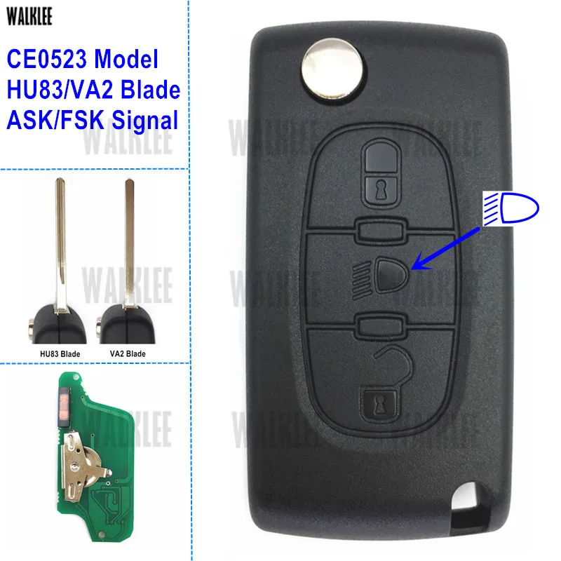 Comprar WALKLEE vehículo remoto llave 433MHz trabajo para Citroen coche C5 C4 C3 C2 Berlingo Picasso 3BT lámpara luz (CE0523, ASK FSK, HU83 VA2)