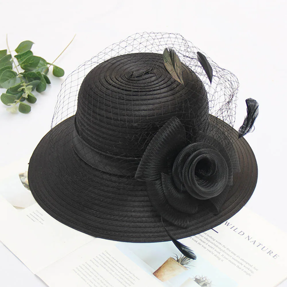 FS Fascinator Women Tea Party Kentucky Derby Hats With Pearl Flower Wide Brim Black White Ladies Wedding Dress Chapeau Femme - Цвет: Hat 4