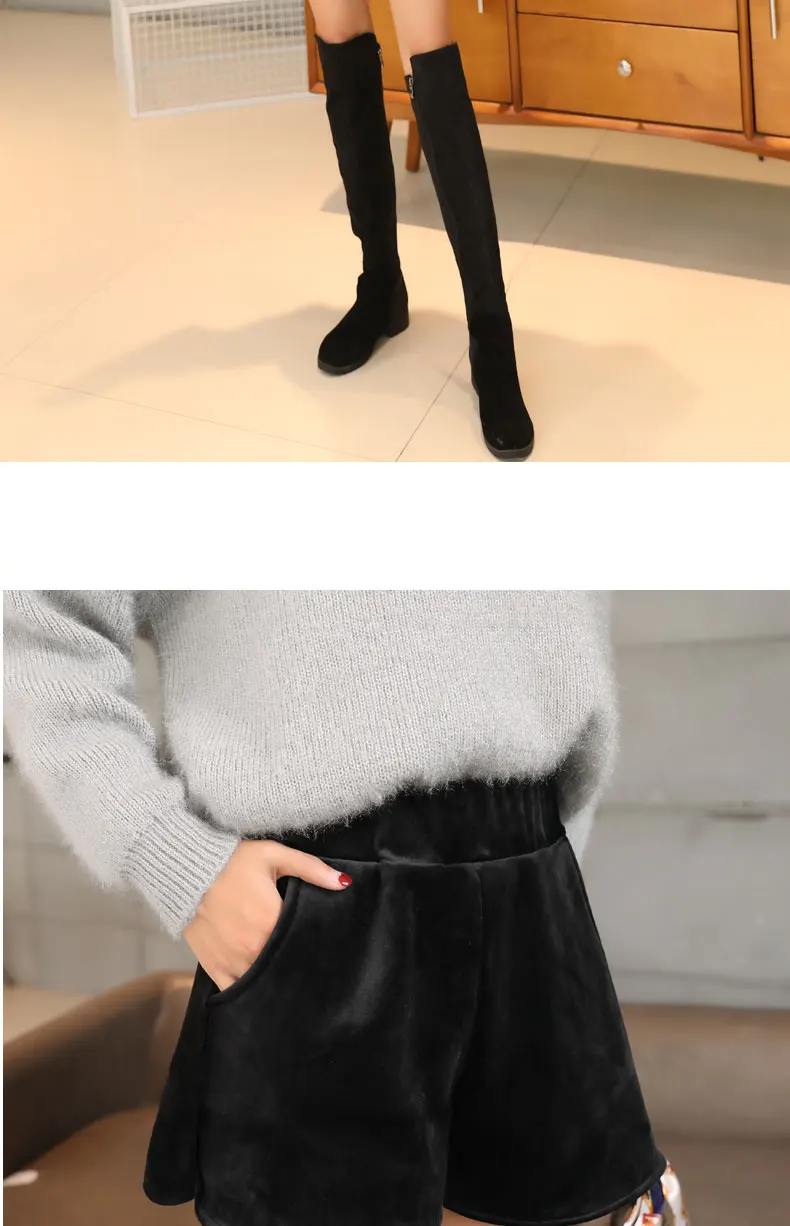 2018 тонкий осень-зима Для женщин шорты Высокая талия золото бархатные шорты женские плотные шорты широкую ногу плюс Размеры свободные шорты
