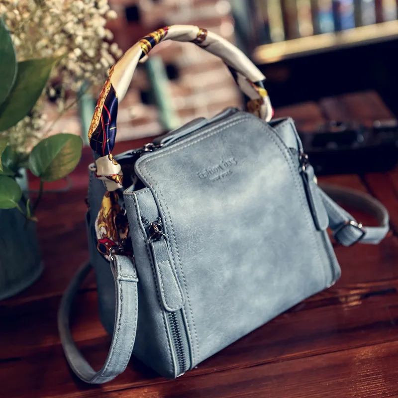 

Women's Leather Handbags European and American Style Retro Bucket Bag Handbag Scarf Double Zipper Shoulder Crossbody Bags Tote