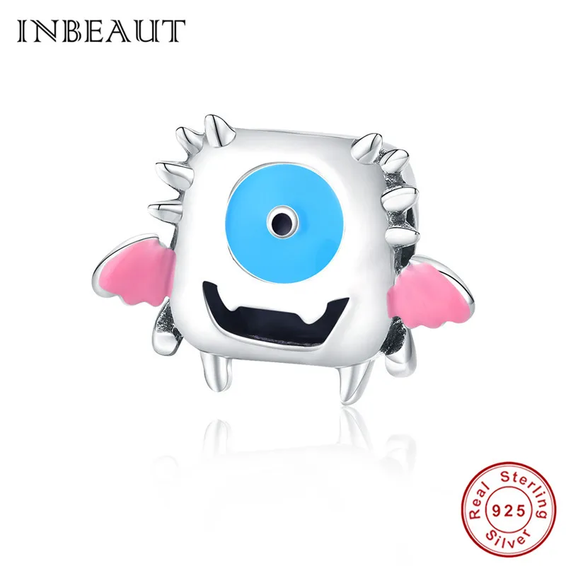 

INBEAUT 100% 925 Sterling Silver Blue Eye Smile Face Beads Lovely Pink Wing Flying Eyeball Charm fit Pandora Bracelet DIY Gift