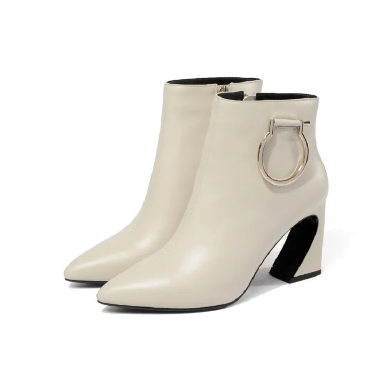 

2018 autumn and winter new thick with ankle boots female pointed high-heeled women's boots beige 0313