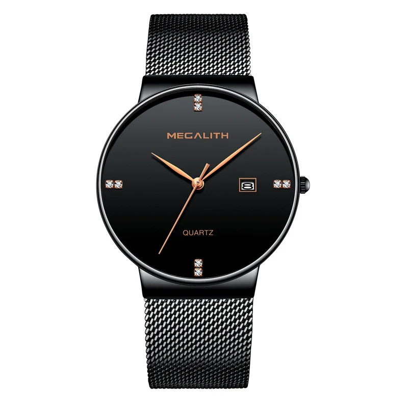 Мужские часы MEGALITH, черный стальной ремешок, сетчатый Браслет, кварцевые часы для мужчин, водонепроницаемые, с календарем, тонкий дизайн, спортивные наручные часы - Цвет: black gold-3