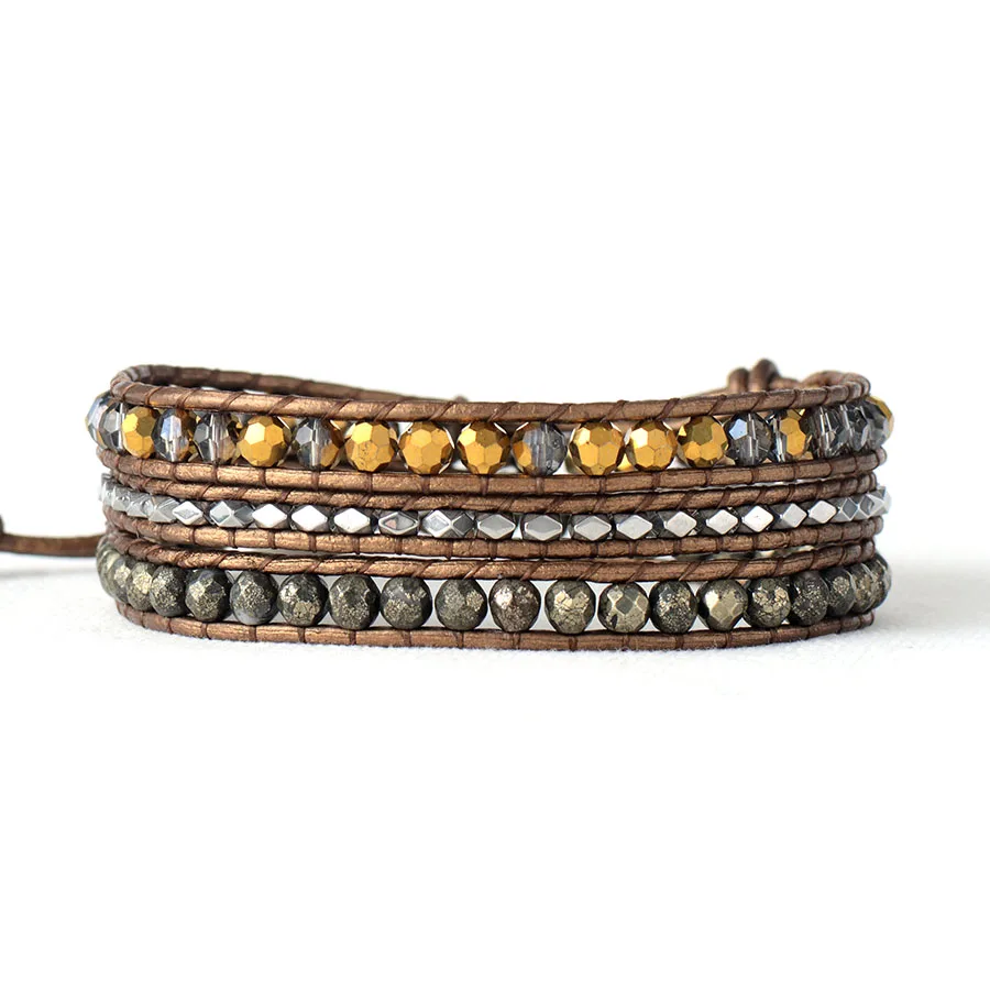 Leather Woven Bracelet Crystal Pyrite 3 Times Wrap Bracelets Beads Armband Beadwork Bracelet Jewelry Wholesale - Image 2