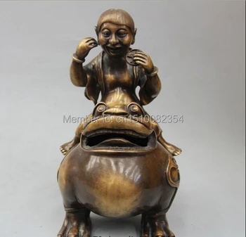 

12" Chinese Copper Liu Hai God Ride Golden Toad Spittor Incense Burner Censer